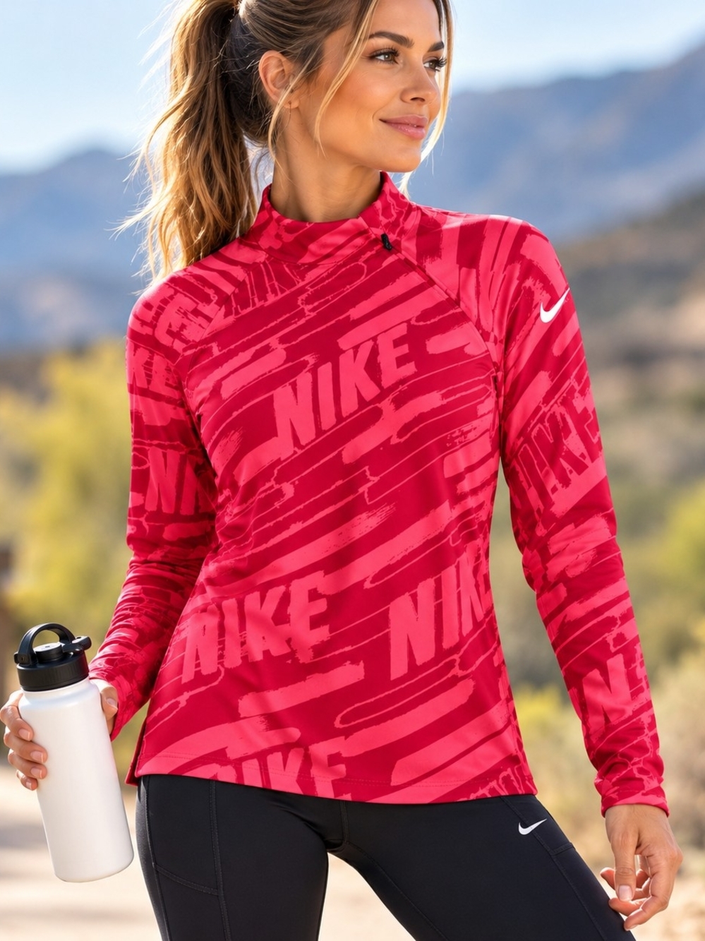 Nike Women's Bright Red Allover Logo Long-Sleeve Top